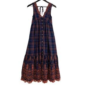 Anthropologie Midi Eyelet Plaid Plaid Navy Blue Orange Dress - 2XS XXS